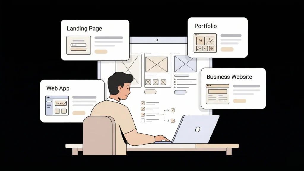 User selecting from landing page, portfolio, business site, and web app options.