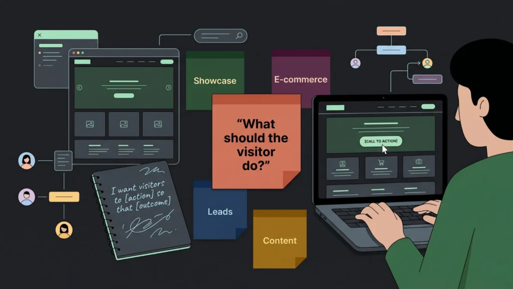 Person on laptop planning website user actions and goals.