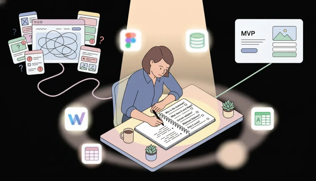 Woman planning a minimum viable product (MVP) at a desk with digital tool icons.