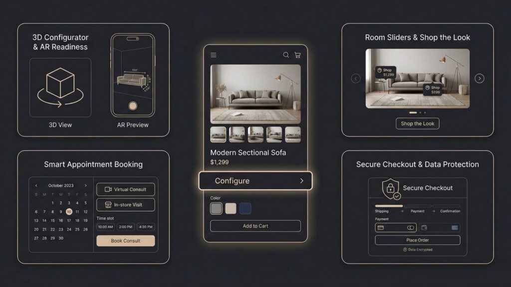 Furniture ecommerce features including 3D product configurator, AR preview, smart appointment booking, and secure online checkout