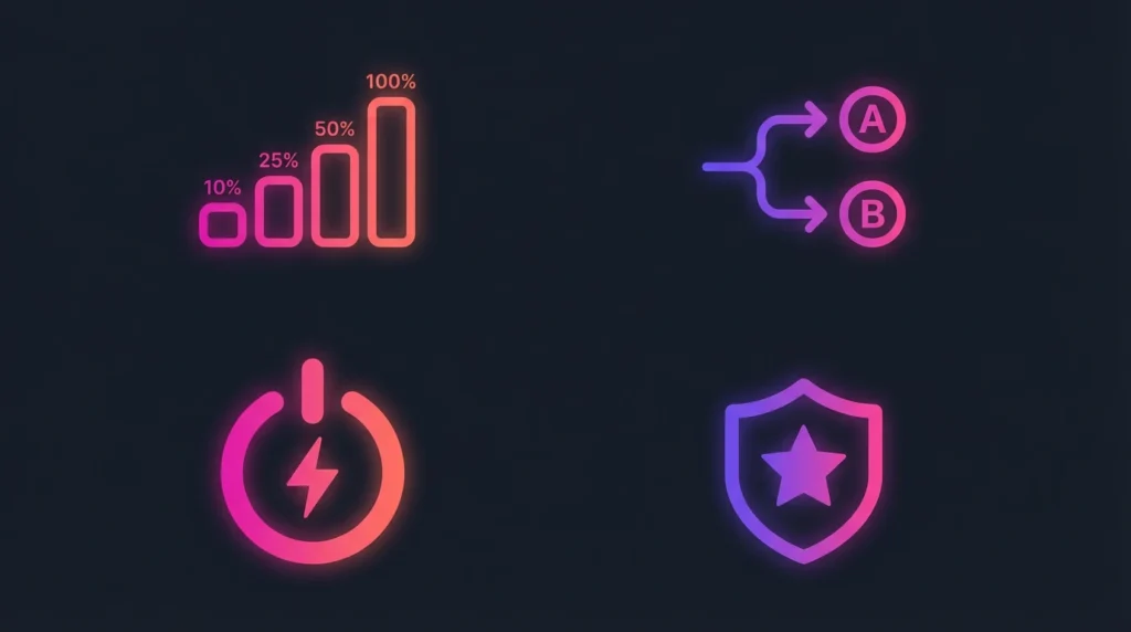 Neon UI icons showing rollout percentages, A/B testing paths, power, and security