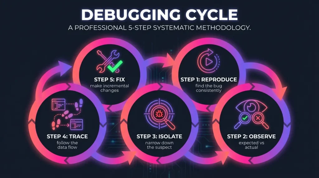Diagram of the 5-step debugging cycle: 1. Reproduce, 2. Observe, 3. Isolate, 4. Trace, 5. Fix. A systematic methodology for professional bug-fixing.