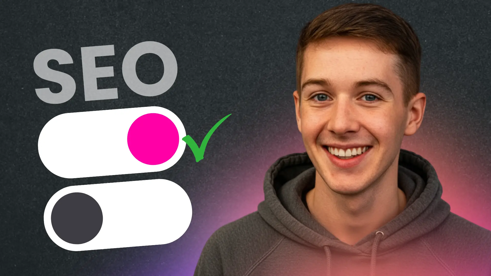 Smiling person with SEO toggle graphic