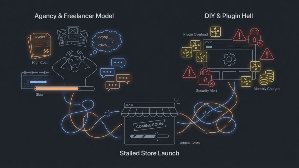 Illustration showing how agency costs, freelancer delays, and plugin-heavy DIY platforms lead to stalled e-commerce store launches and hidden technical problems.
