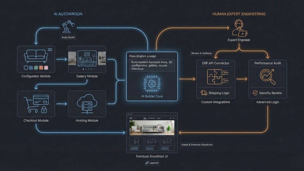 AI automation workflow combined with human expert engineering for building a scalable furniture ecommerce store without coding