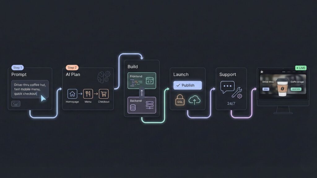 Step-by-step AI website builder workflow for cafes from prompt and planning to build, launch, and ongoing support.