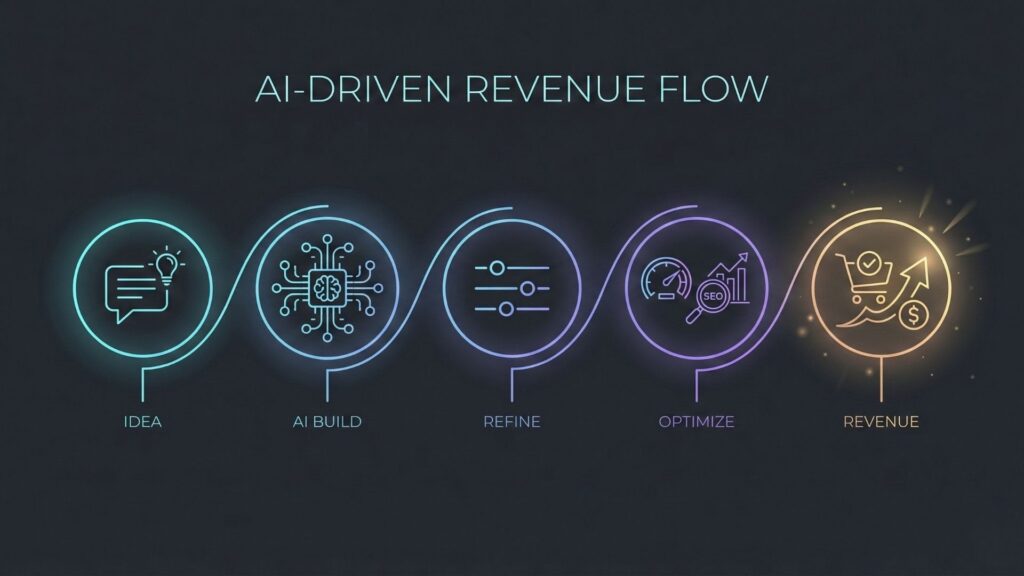 AI-driven website workflow showing idea generation, AI build, refinement, optimization, and revenue growth for small businesses