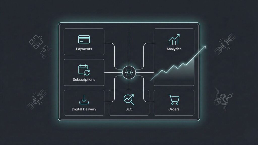 AI ecommerce website builder dashboard with integrated payments, subscriptions, SEO, analytics, orders, and digital delivery modules