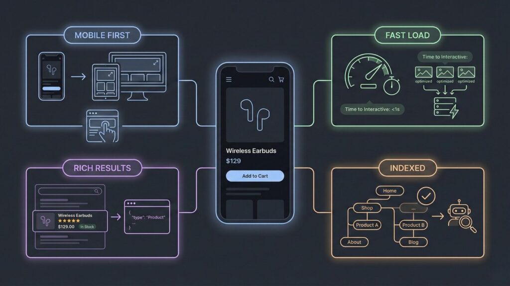 Illustration highlighting mobile-first design, fast load times, structured data, and search engine indexing for AI-built e-commerce websites.