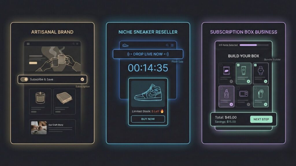 Examples of AI-built e-commerce stores including an artisanal brand, sneaker reseller flash sale, and subscription box bundle builder.