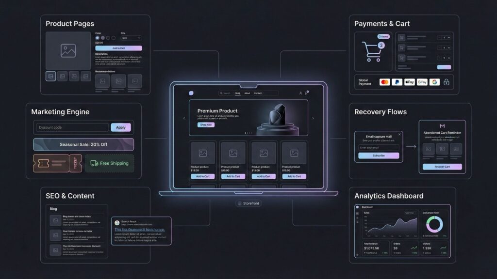 Visual overview of an AI e-commerce website builder showing product pages, payments, marketing tools, SEO, analytics, and recovery flows in one platform.
