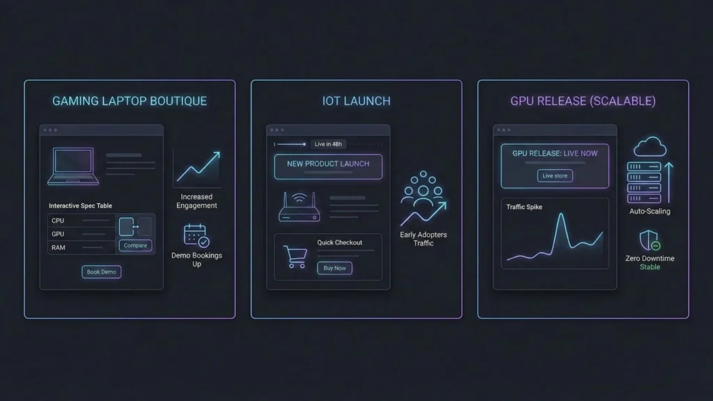 Examples of AI-built electronics stores including a gaming laptop boutique, IoT product launch, and scalable GPU release with auto-scaling infrastructure.