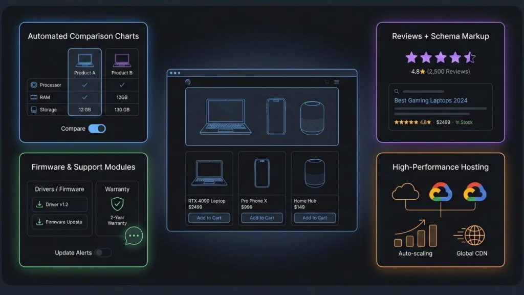 AI-powered electronics store features including automated product comparison charts, review schema markup, firmware support modules, and high-performance cloud hosting.