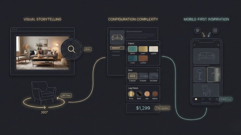 AI furniture website builder showing visual storytelling with 360-degree product views, sofa configuration options, and a mobile-first shopping experience