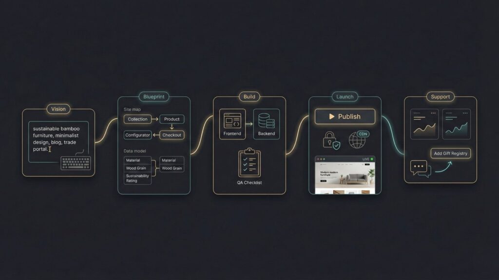 End-to-end AI furniture website builder workflow from vision and blueprint to build, launch, and ongoing support