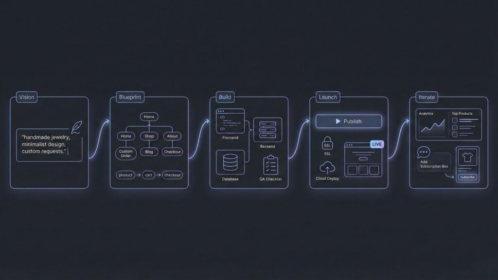 Five-step workflow showing how an AI website builder takes a handmade business from vision and blueprint to build, launch, and iteration.