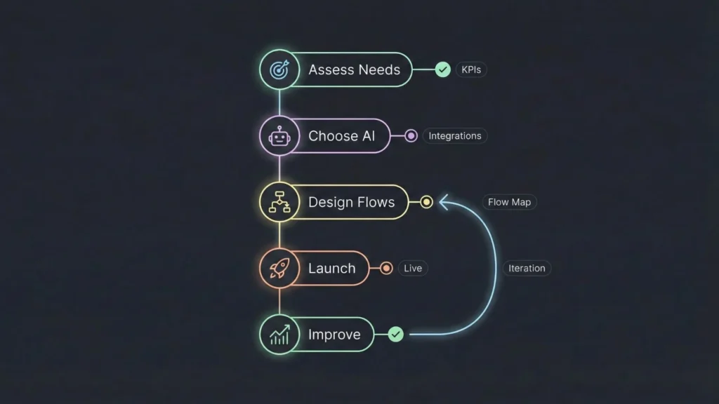 Step-by-step AI onboarding process flow: assess needs, choose AI, design flows, launch, and improve