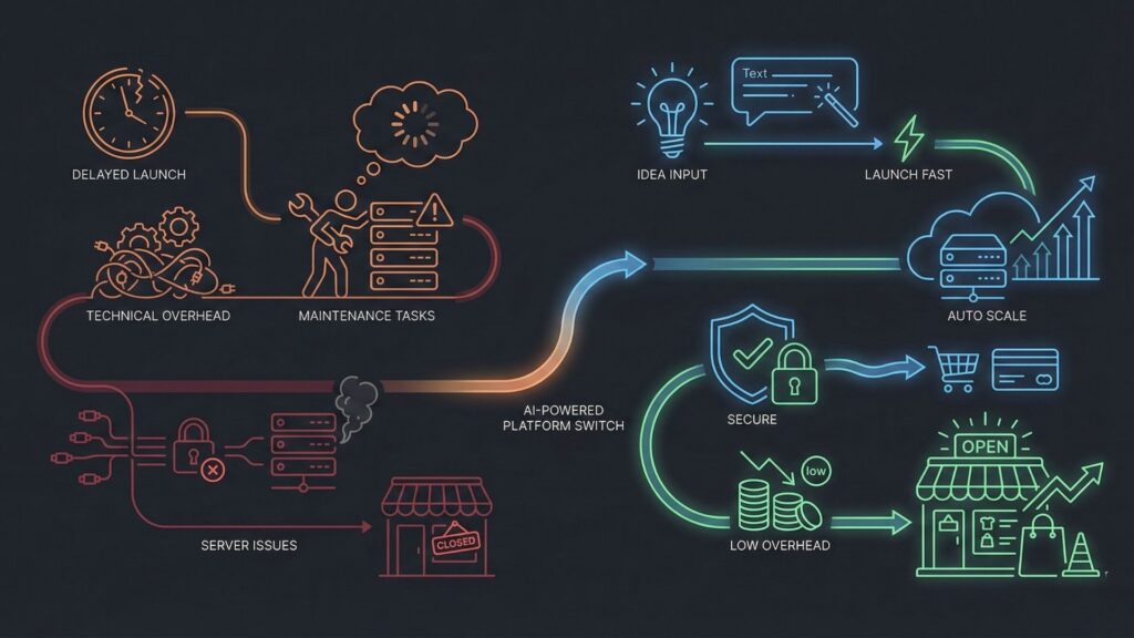 Diagram comparing traditional e-commerce technical overhead like server issues and maintenance with an AI-powered platform that enables fast launch, auto-scaling, and secure stores.