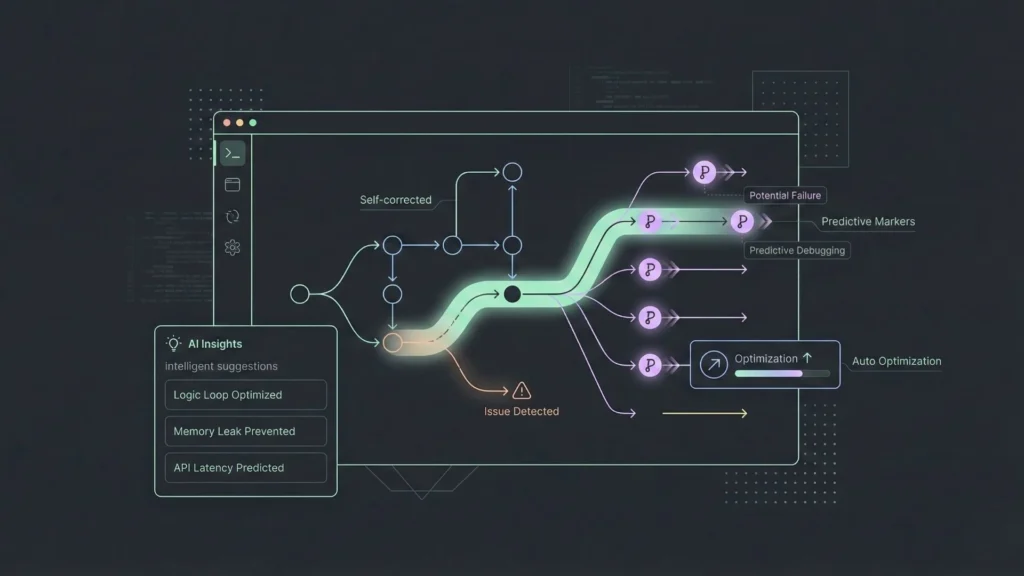 Visual representation of an AI-assisted debugging system that detects issues, predicts failures, and optimizes logic flows automatically in a no-code environment.