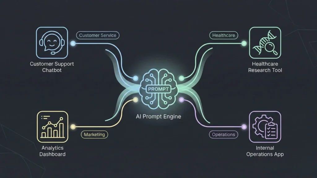 Diagram illustrating an AI prompt engine powering real-world applications such as customer support chatbots, analytics dashboards, healthcare research tools, and internal operations apps
