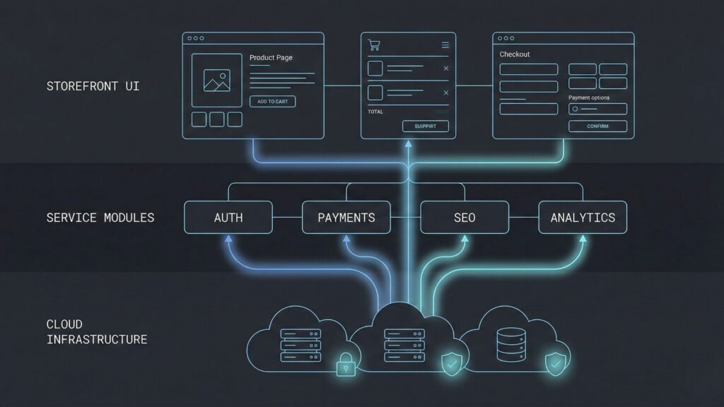 AI-powered storefront architecture connecting product pages and checkout to payments, SEO, analytics, and secure cloud infrastructure