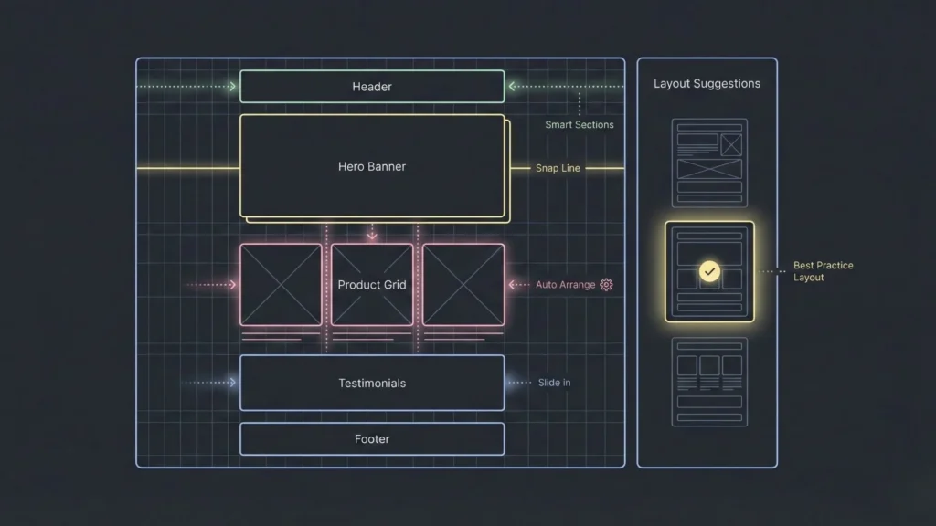 Automated layout system suggesting best-practice sections like header, hero banner, product grid, testimonials, and footer for an online store.