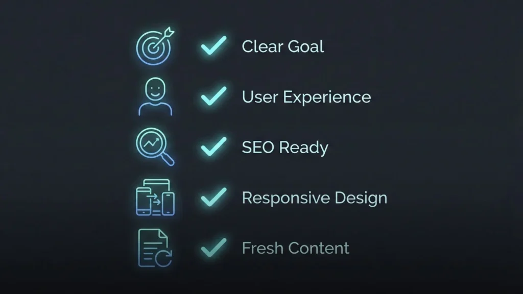 Checklist for building a successful website with AI including clear goals, strong user experience, SEO readiness, and responsive design