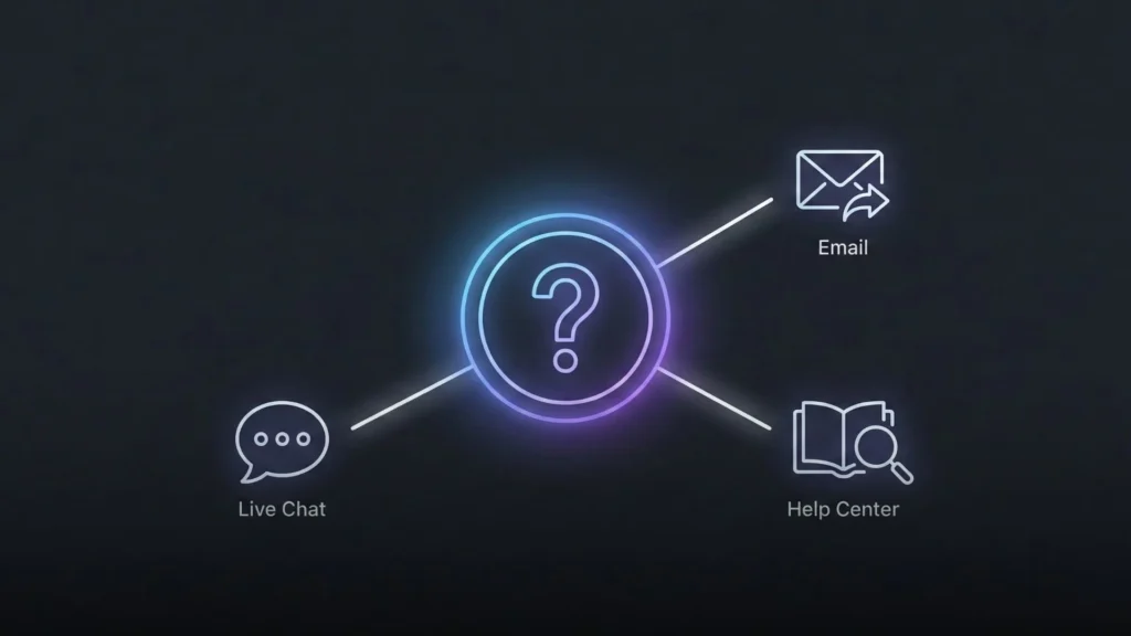 Customer support options for AI website builders including live chat, email support, and help center resources