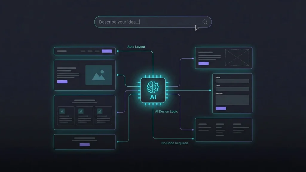 AI website builder transforming a text idea into auto layouts, page sections, and forms using AI design logic with no code required