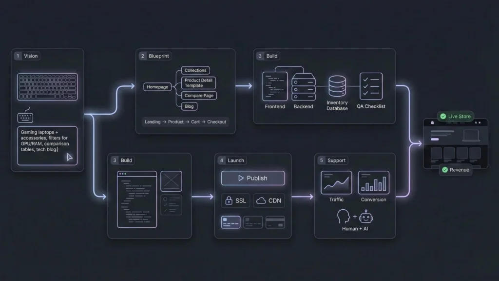 Five-step AI website builder workflow for electronics retailers from vision and blueprint to development, launch, and ongoing support.