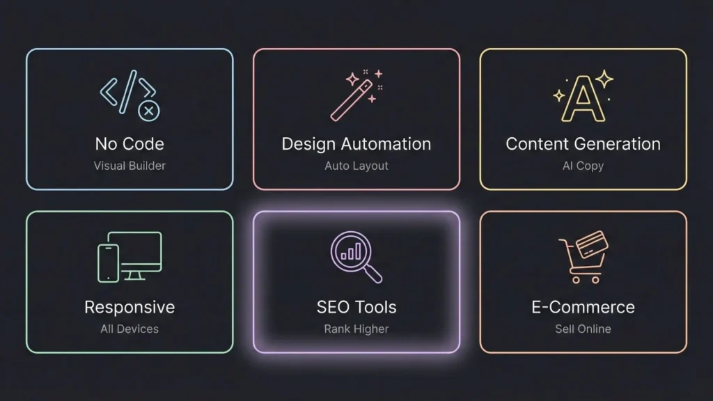 Feature overview of an AI website builder highlighting no-code design, automation, AI content generation, responsive layouts, SEO tools, and e-commerce support.
