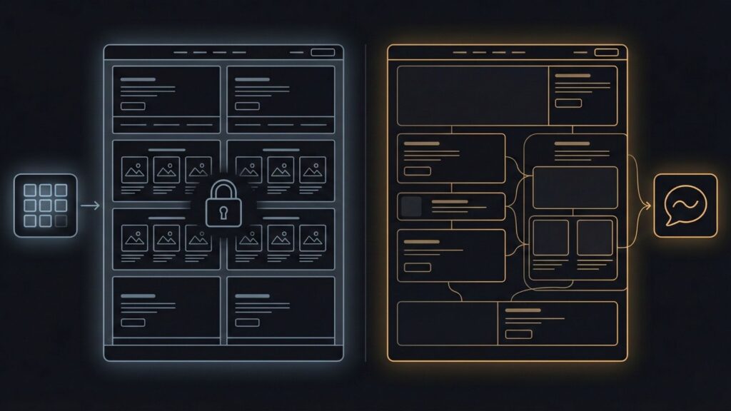Comparison of rigid template-based websites versus flexible AI-generated layouts optimized for product sales and conversions