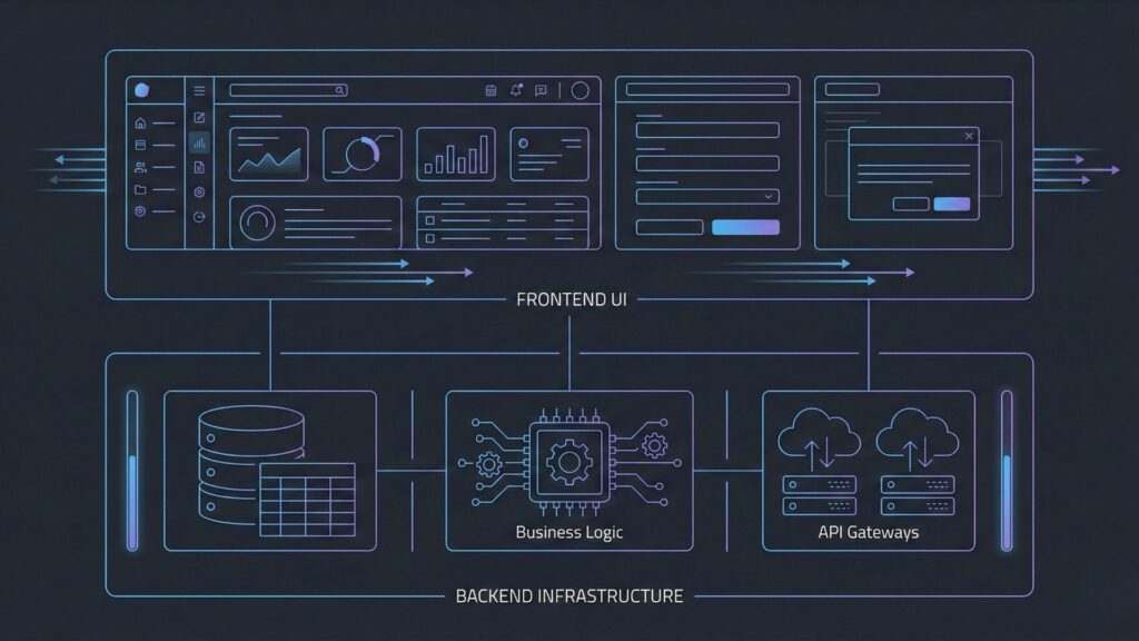 Diagram showing frontend UI connected to backend infrastructure with business logic, databases, and API gateways in an AI-built website