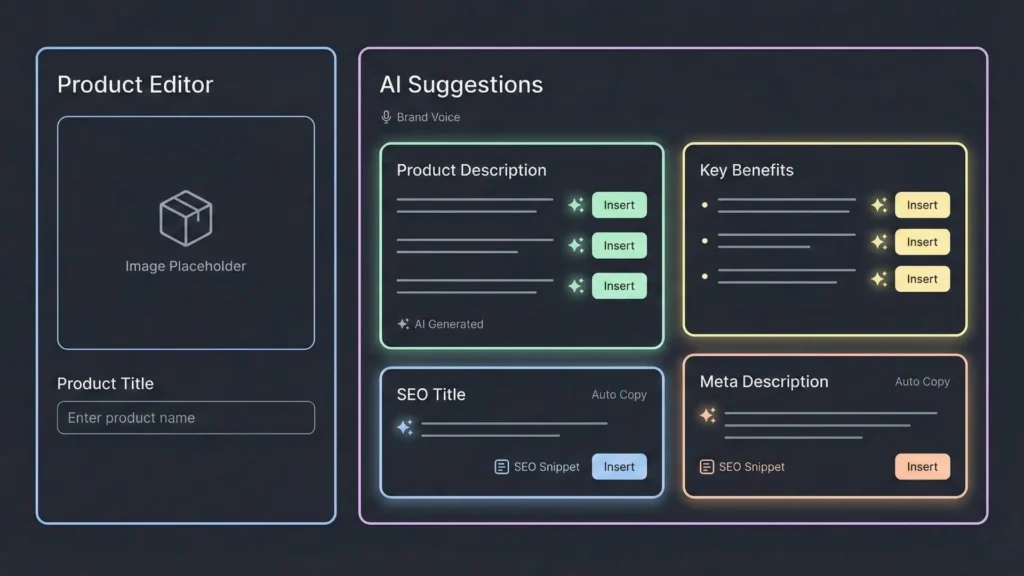 AI-powered product editor generating product descriptions, key benefits, SEO titles, and meta descriptions for an e-commerce website.