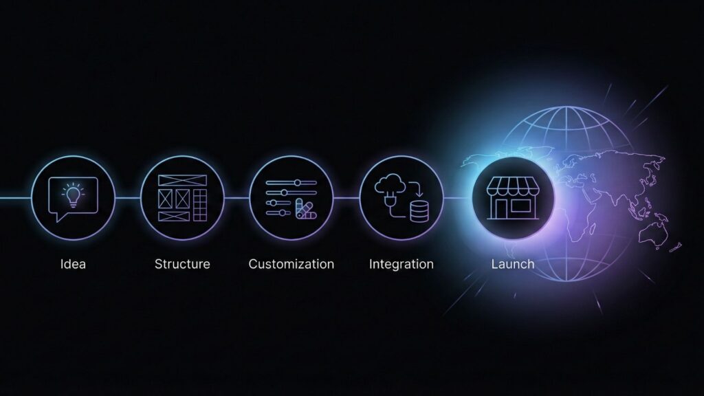 Five-step AI website builder workflow showing idea validation, site structure, customization, integrations, and global product launch