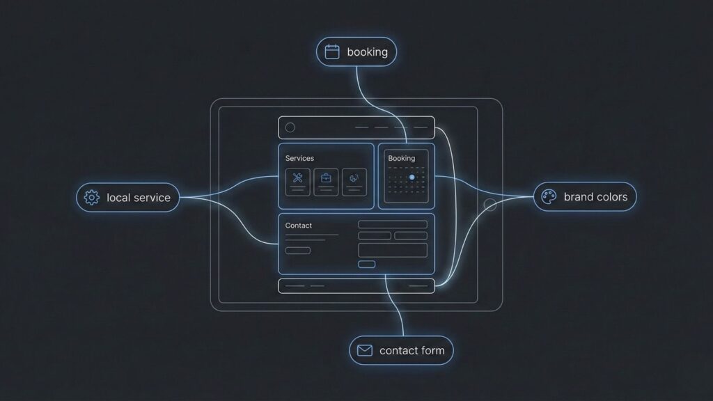 AI website builder interface creating a small business website with booking, services, and contact features automatically