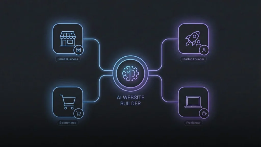 AI website builder use cases for small businesses, ecommerce sellers, startup founders, and freelancers building websites in minutes