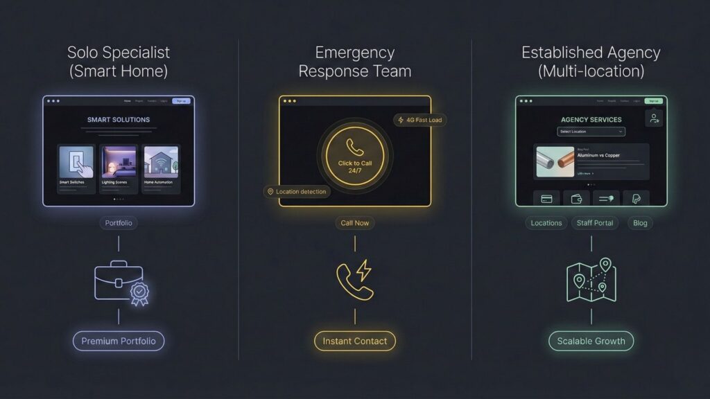 Examples of AI-built electrician websites for a solo specialist, emergency response team, and multi-location electrical agency.