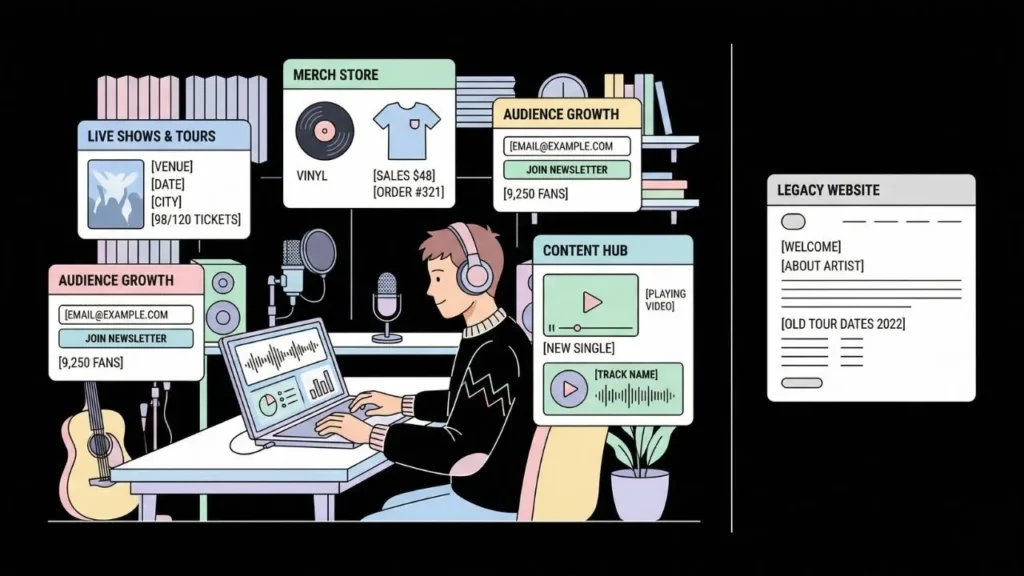 an illustration of a musician managing tours merchandise