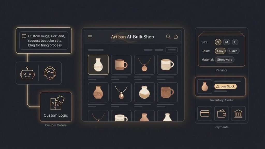 AI-built handmade shop displaying ceramic mugs with custom order logic, product variants, inventory alerts, and integrated payments.