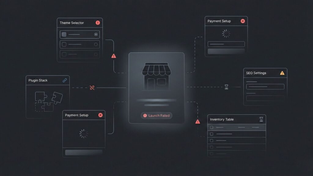 Traditional product website launch failing due to disconnected plugins, payment setup issues, SEO errors, and inventory mismatches