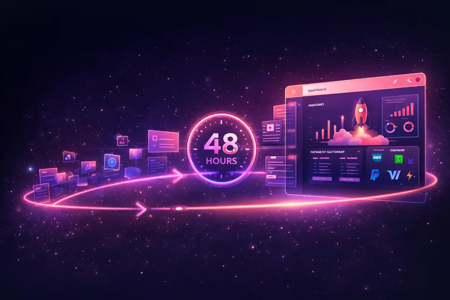 Illustration showing a 48-hour timeline for building a Micro-SaaS from idea to launch using rapid development tools