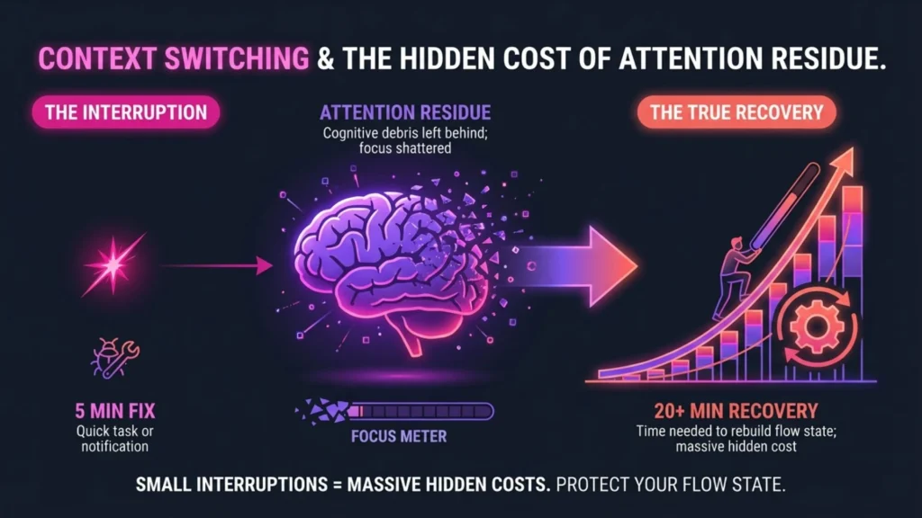 Illustration showing how small interruptions cause attention residue, fragment focus, and require over 20 minutes to recover deep flow, highlighting the hidden cost of context switching.