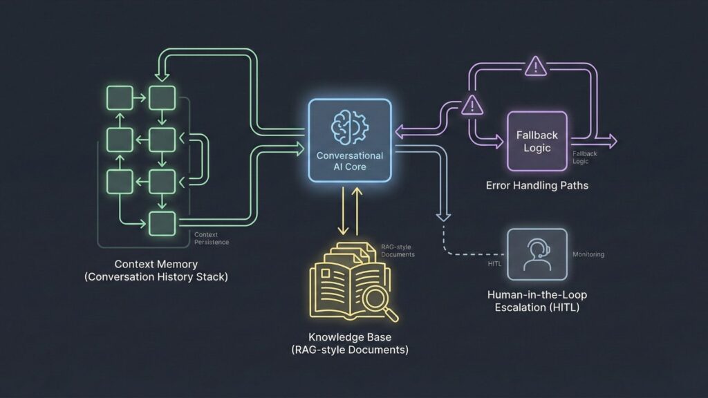 System architecture diagram of a conversational AI including context memory, knowledge base retrieval, fallback logic, and human-in-the-loop escalation