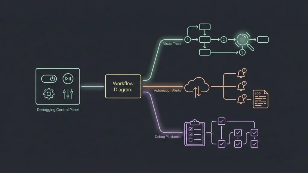 Workflow diagram showing creative debugging in a no-code platform using visual traces, automation alerts, logs, and reusable debug playbooks.