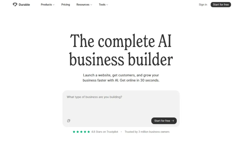 homepage screenshot of durable website