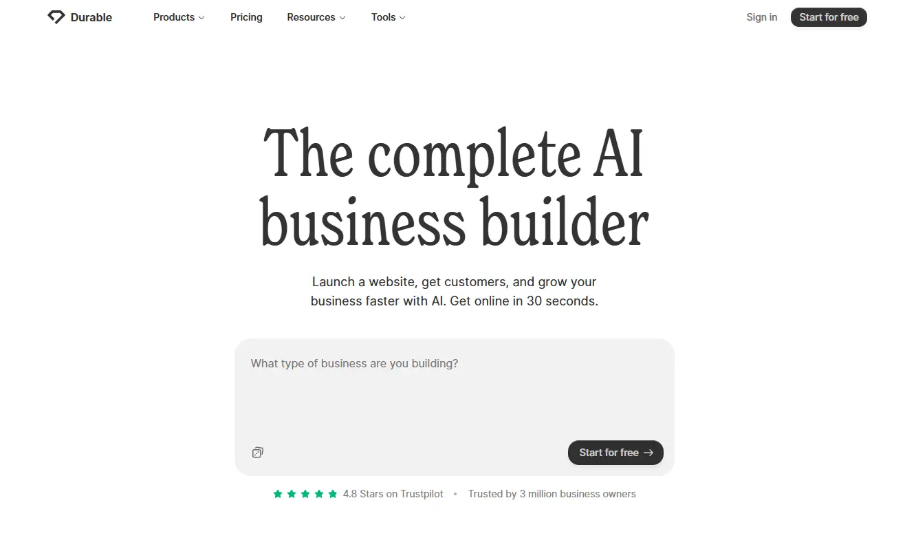 homepage screenshot of durable website