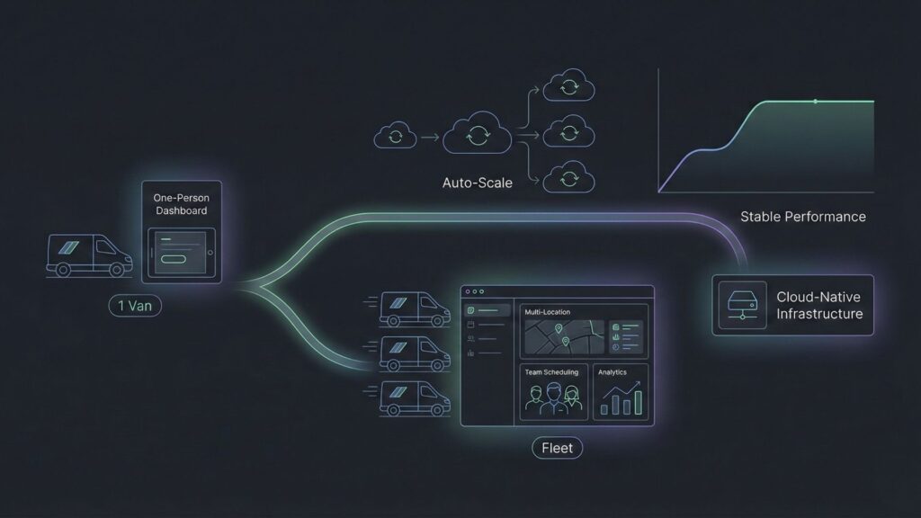 Illustration showing an electrician business scaling from a single van to a full fleet using cloud-native infrastructure and auto-scaling.