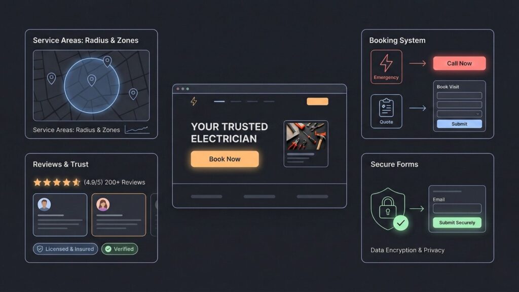 Electrician website layout showing service area maps, booking system, customer reviews, and secure contact forms.