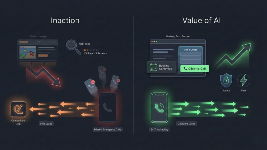 Comparison showing lost emergency calls from outdated electrician websites versus captured leads using an AI-powered booking and call system.